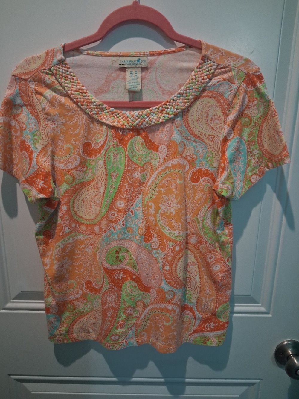 STUNNING CARIBBEAN JOE ORANGE MULTI PAISLEY COTTON TOP WITH BRAIDED NECK TRIM!